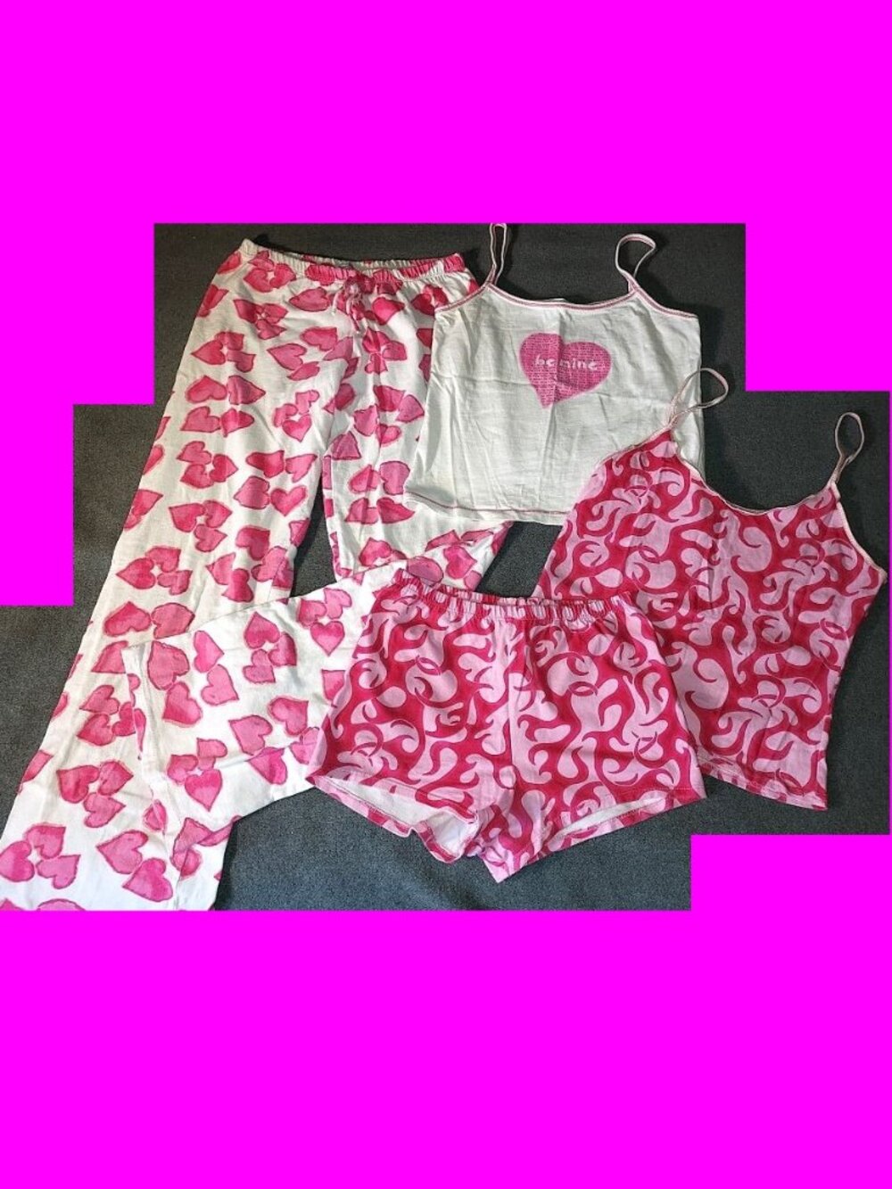 LOT Valentine's Day Camisole Pajamas Love BE MINE Pink Flames Cotton Ladies Sz M